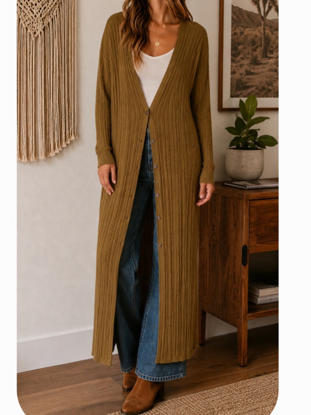 Free People Olive Long Ribbed Button-Front Cardigan NEW